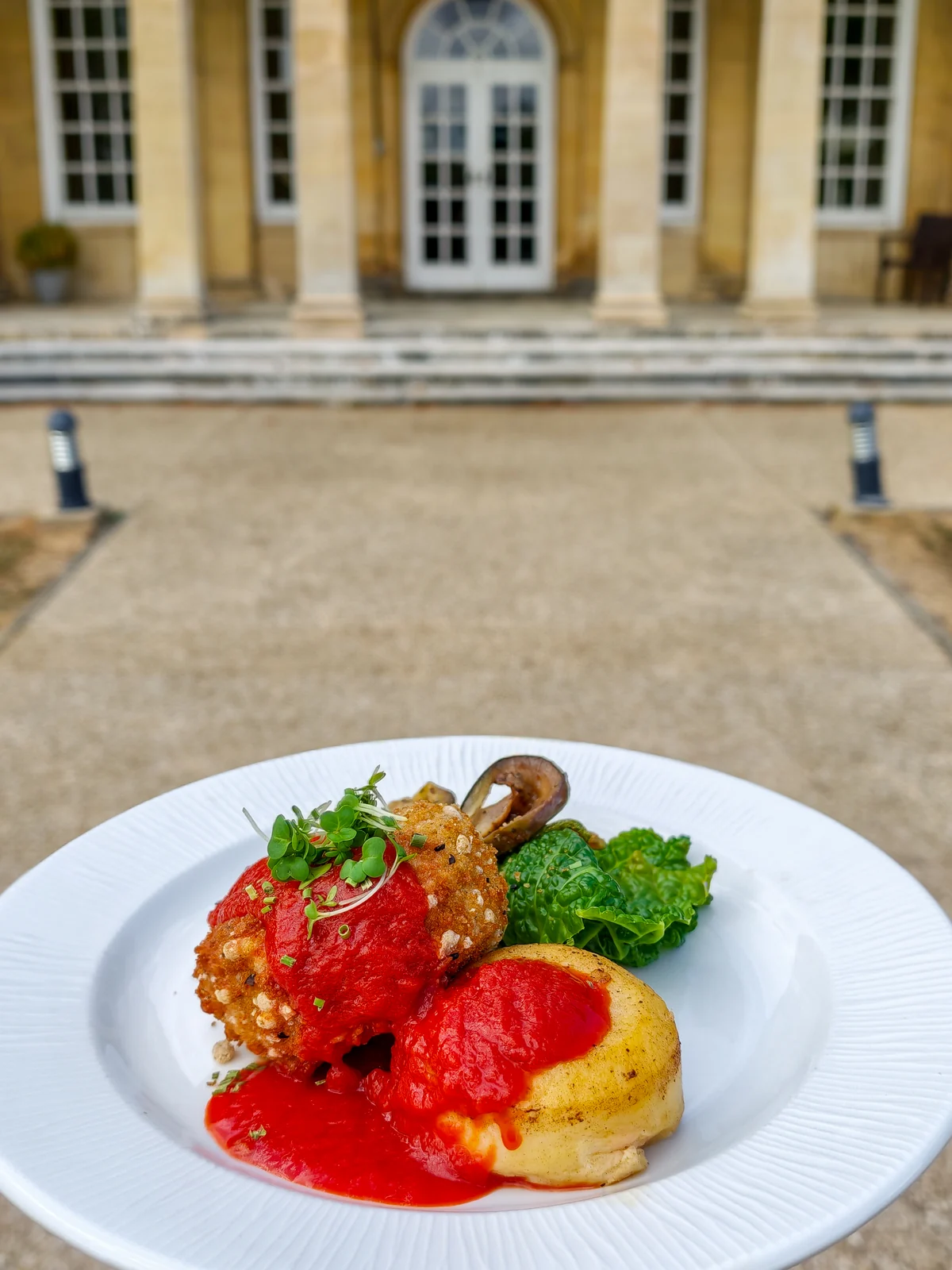 A crumbed dish in tomato sauce with a roast potato and greens