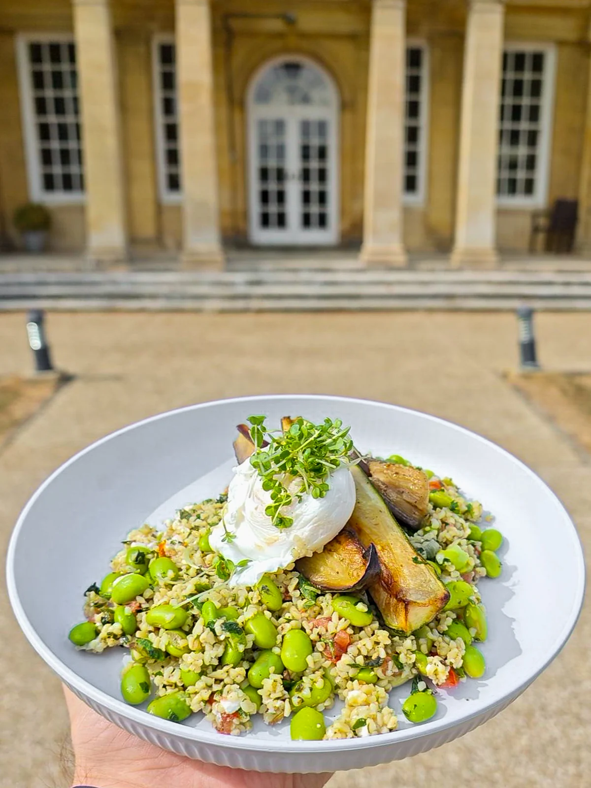 A soft-poached egg on a grain salad with roasted aubergine
