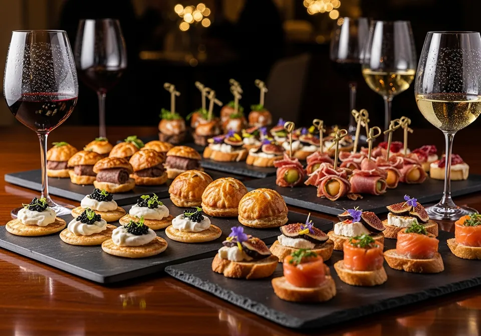 Slate boards of canapés at an evening reception