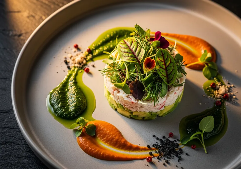 A plated course dressed with herbs and purées