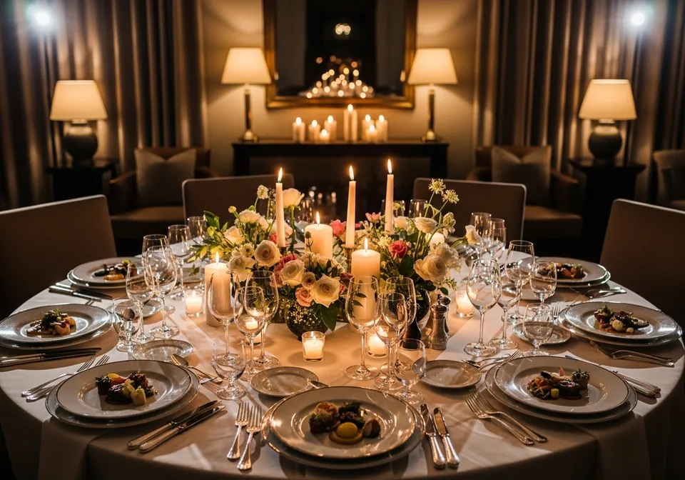A candlelit dining room dressed for a private dinner