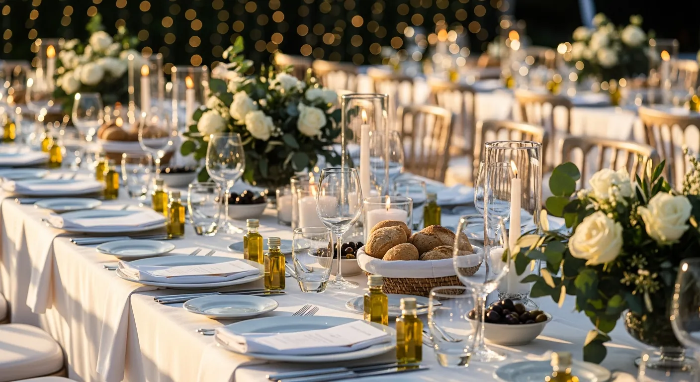 A long table dressed for an evening reception